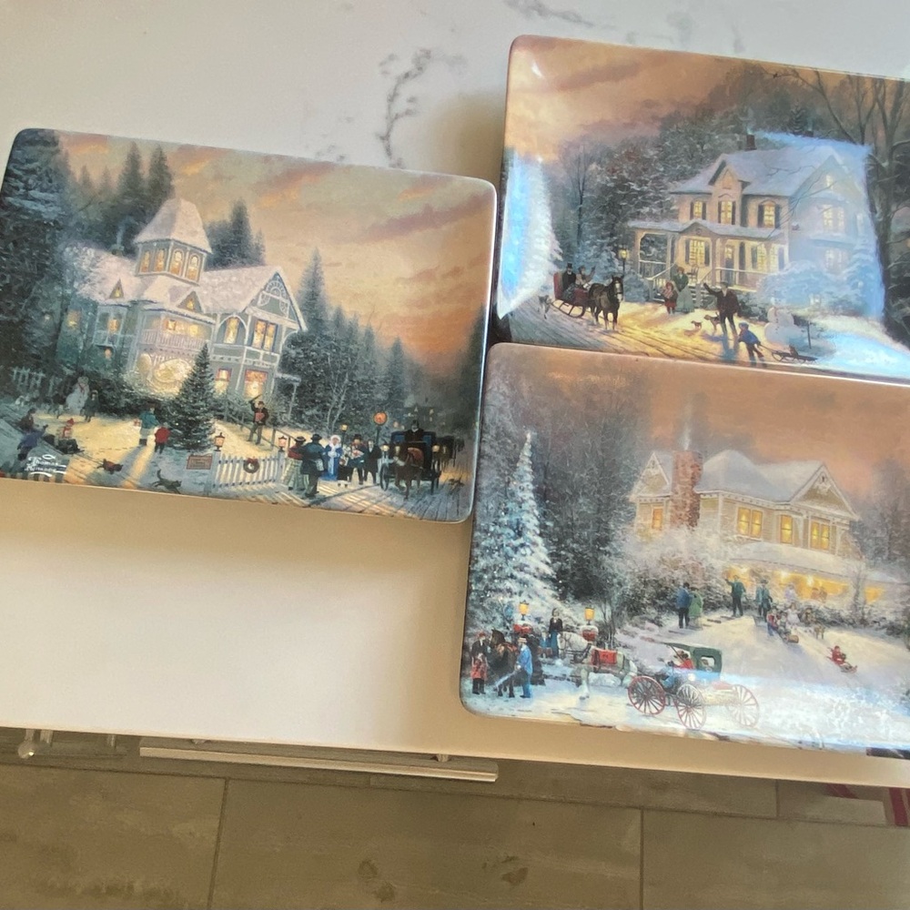 Thomas Kinkade Winter Village Serving Trays in Blue, Cream, Gold